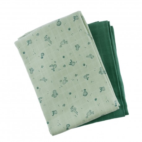 Lot 2 grands langes coton bio Green Cactus