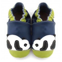 Chaussons cuir souple Panda bleu vert