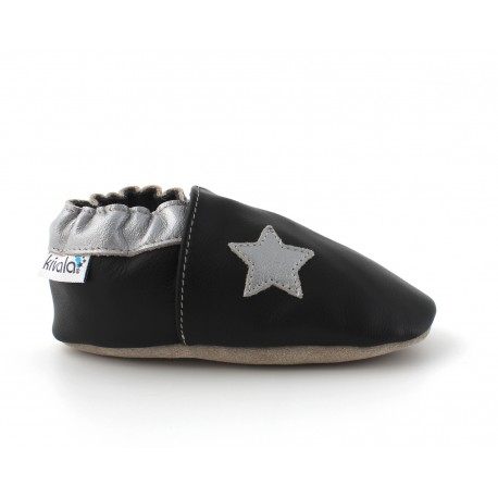 Chaussons cuir souple noir Etoile argent